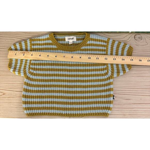 Oeuf 100% Cotton Cable Knit Short Sleeve Sweater Olive Green & Blue Stripe 12-18 - Picture 3 of 5